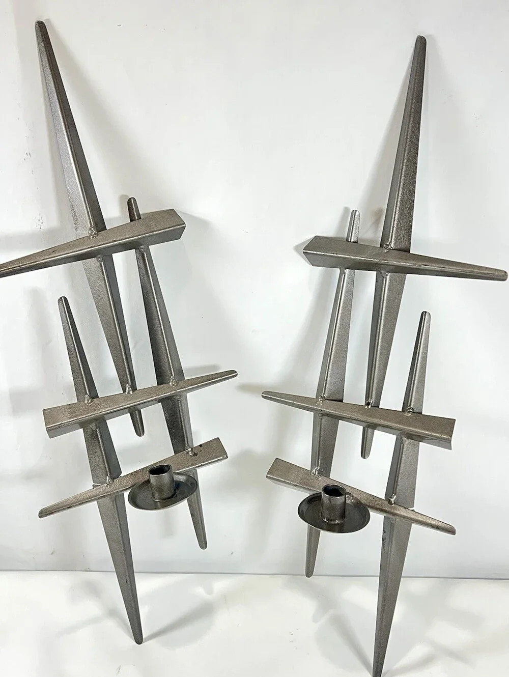 Vintage Brutalist Metal Wall Candle Holders Pair Abstract MCM Sconces 27.5”